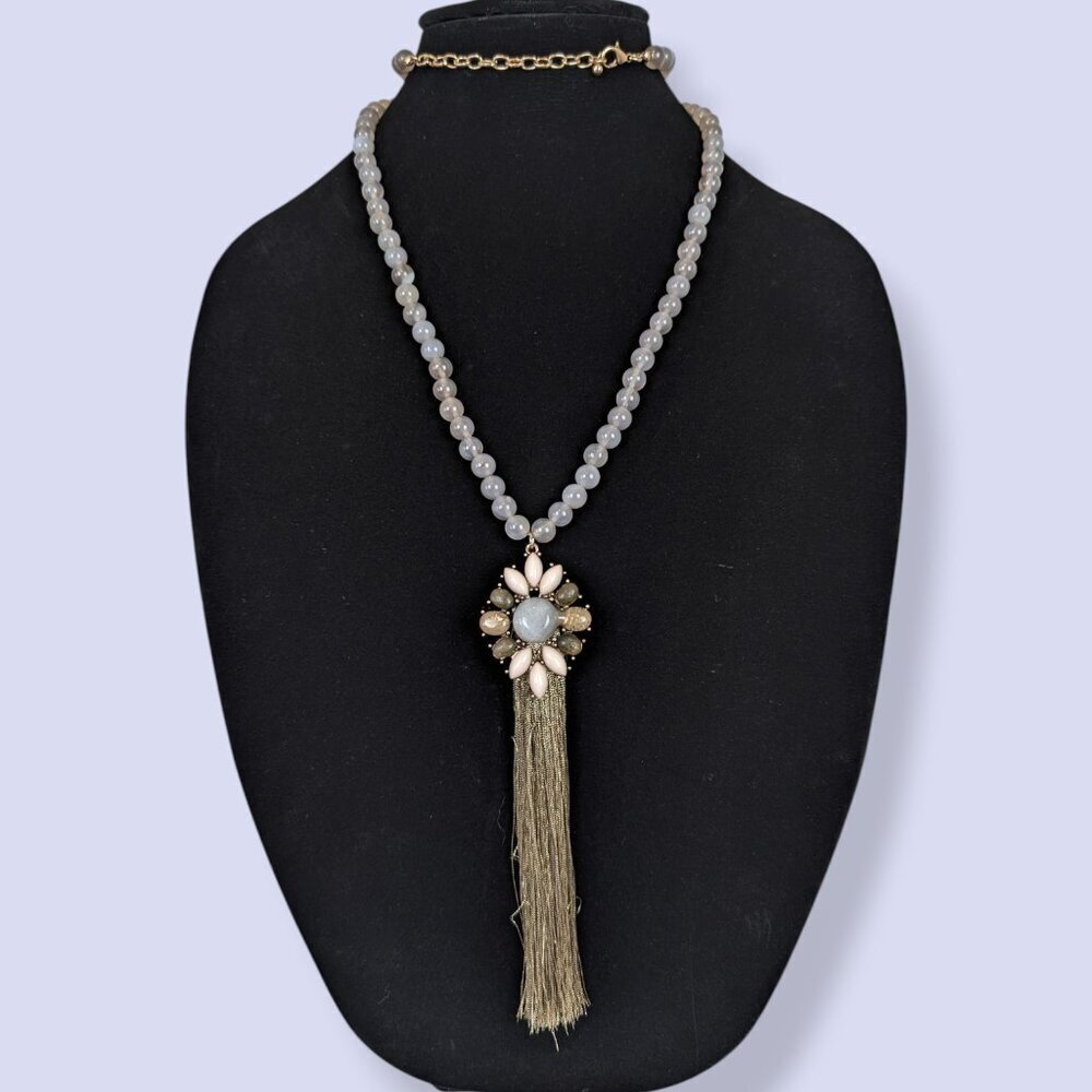 Bohemian Natural Chalcedony Beaded Fringe Pendant Necklace